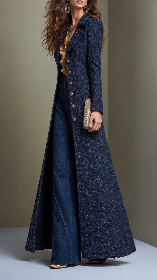 Women's Elegant Long Tweed Coat - Maxi Length Tailored Wool Blend Overcoat
