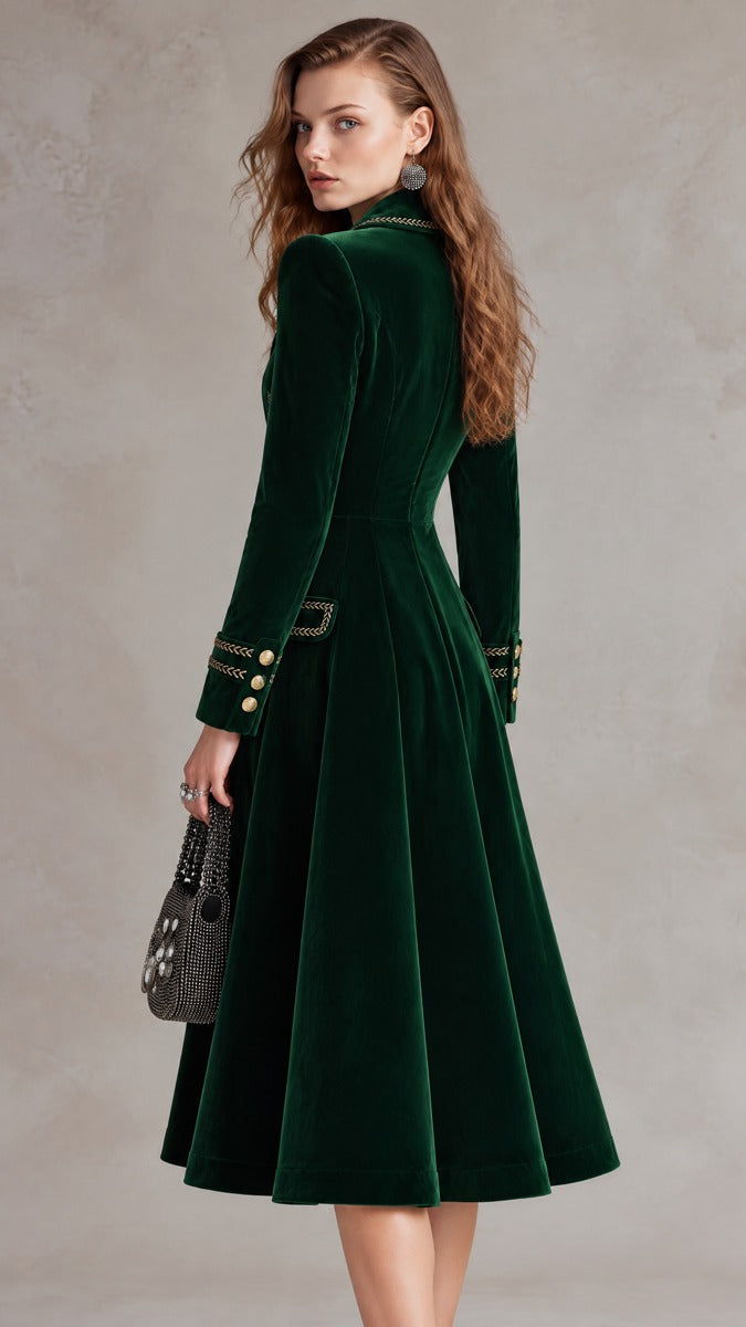 Emerald Velvet Double-Breasted Coat Dress with Gold Braid Trim