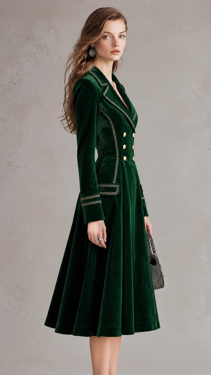 Emerald Velvet Double-Breasted Coat Dress with Gold Braid Trim