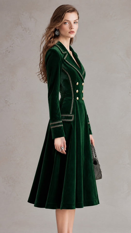 Emerald Velvet Double-Breasted Coat Dress with Gold Braid Trim