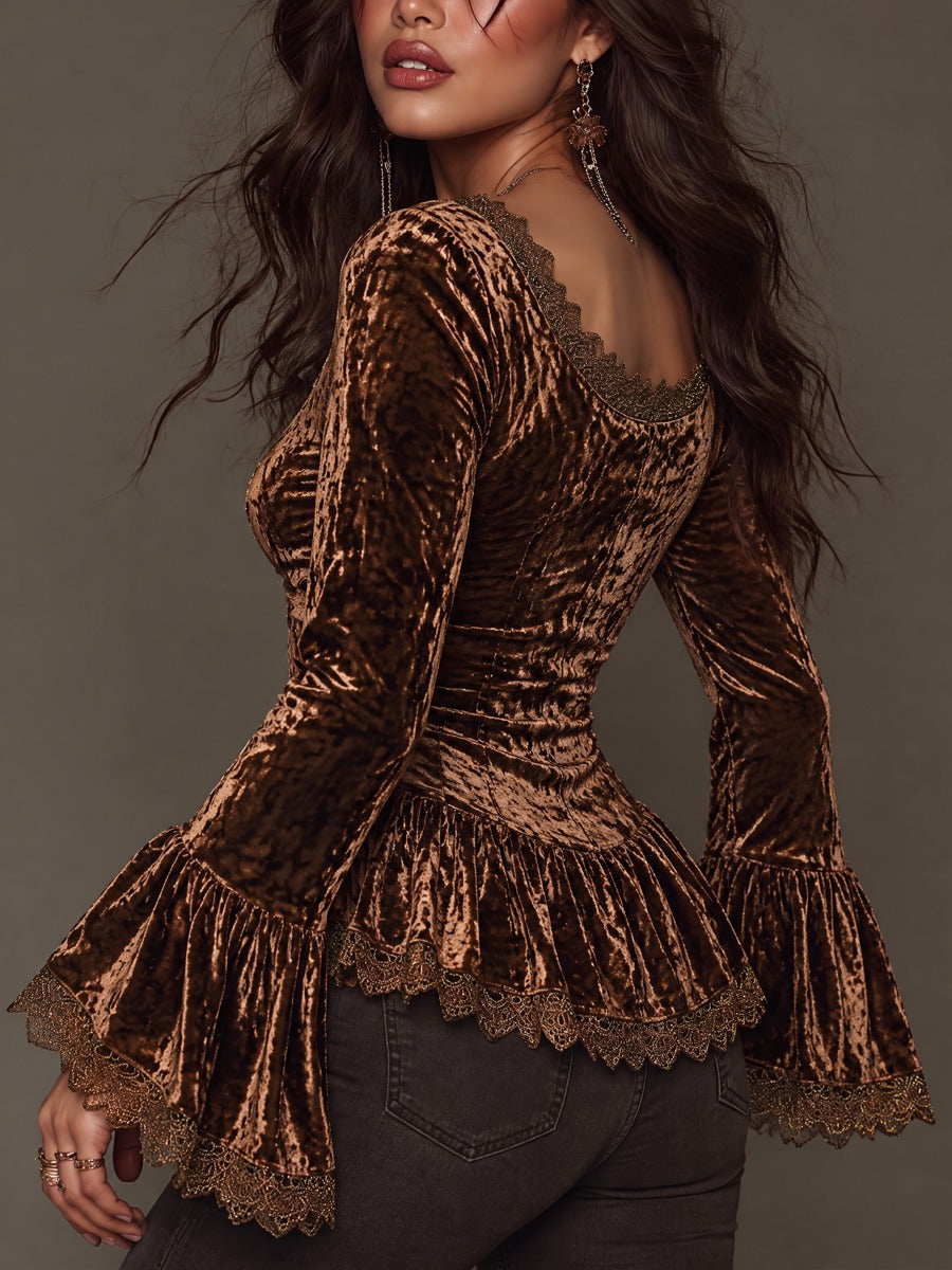 Vintage Crushed Velvet Lace Trim Bell Sleeve Peplum Top