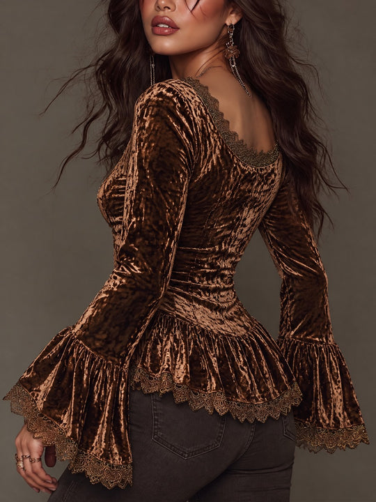 Vintage Crushed Velvet Lace Trim Bell Sleeve Peplum Top