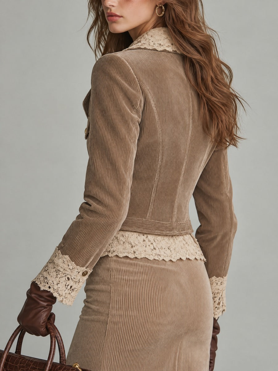 Lace-Trim Corduroy Cropped Jacket With Vintage Buttons