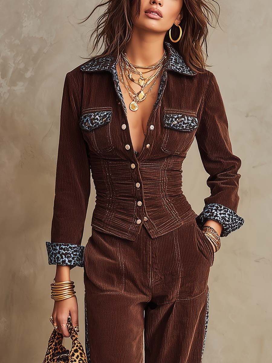 Leopard-print Trim Corduroy Two-piece Set