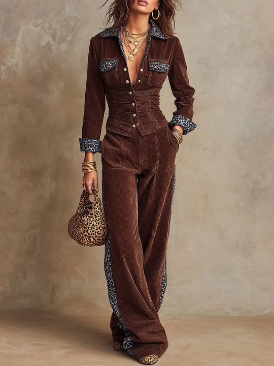 Leopard-print Trim Corduroy Two-piece Set