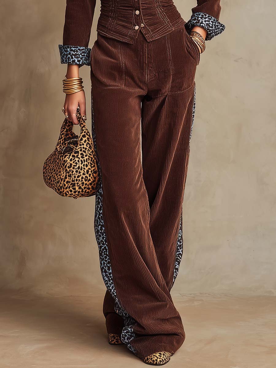 Leopard-print Trim Corduroy Two-piece Set
