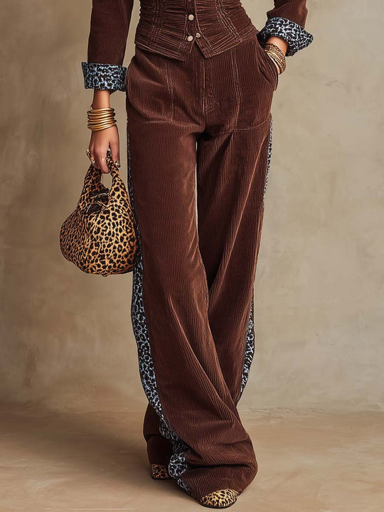 Leopard-print Trim Corduroy Two-piece Set