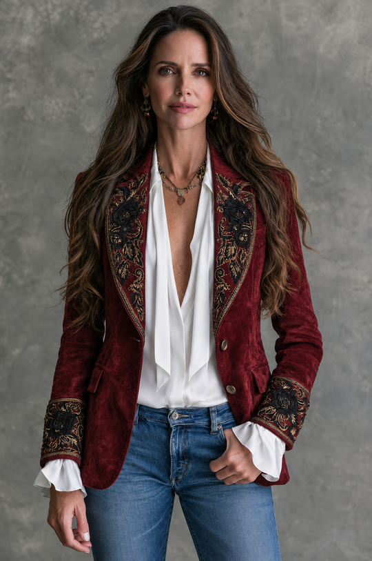 Vintage Shawl Lapel Ornate Floral Embroidery Microsuede Blazer