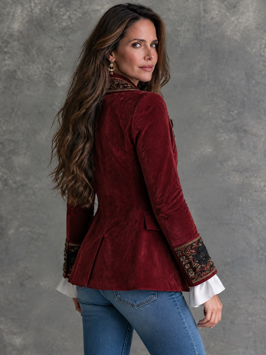 Vintage Shawl Lapel Ornate Floral Embroidery Microsuede Blazer