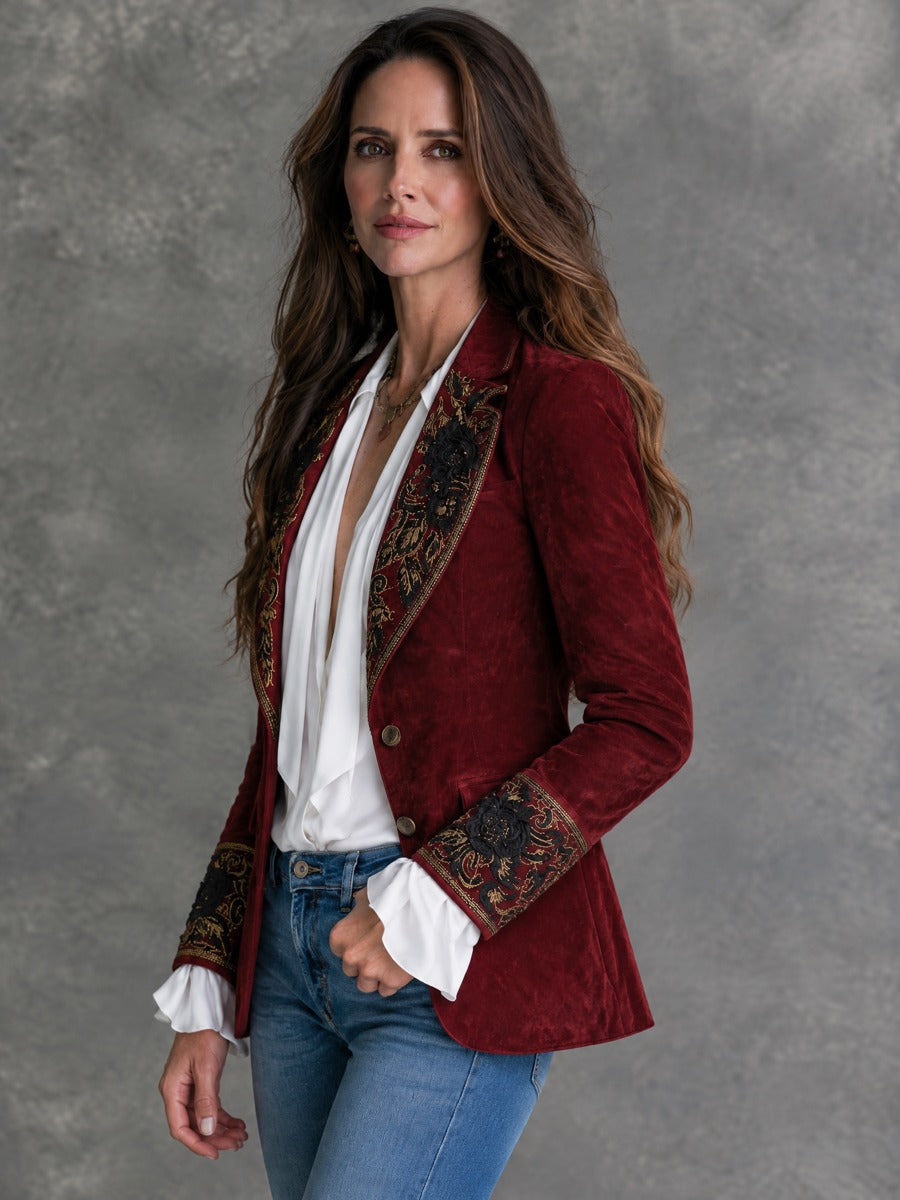 Vintage Shawl Lapel Ornate Floral Embroidery Microsuede Blazer