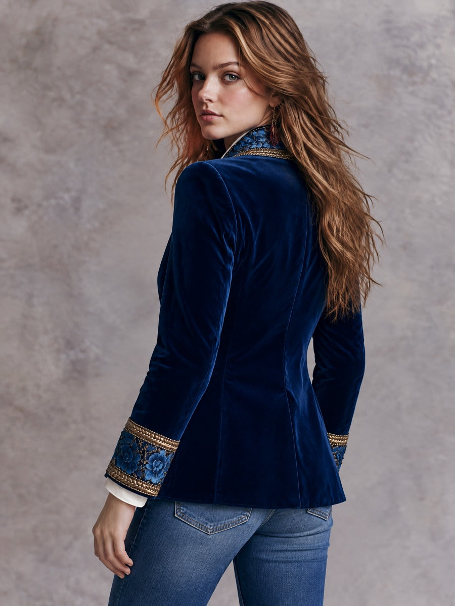 Luxury Boho Blue Floral Embroidery Velvet Shawl Collar Blazer Beaded Trim