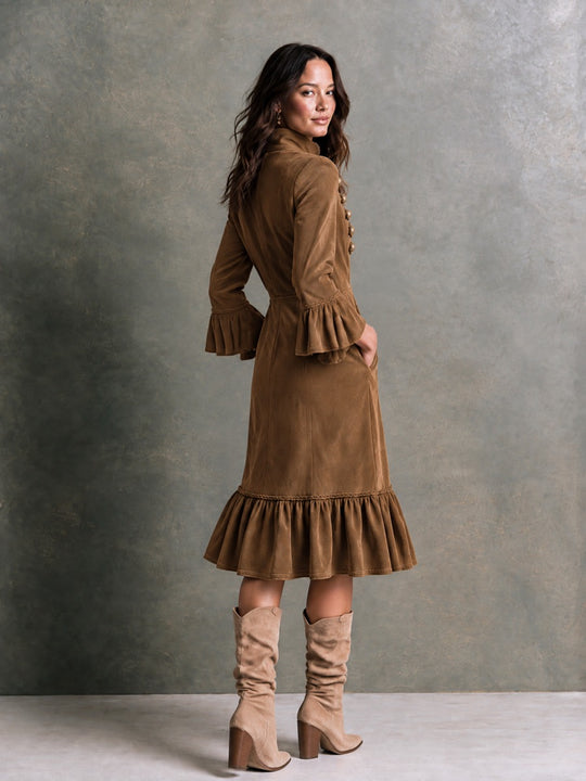 Women's Military Style Suede Midi Dress with Brass Button Trim & Ruffle Hem