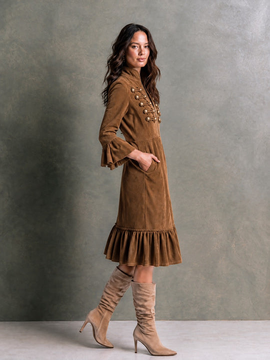 Women's Military Style Suede Midi Dress with Brass Button Trim & Ruffle Hem