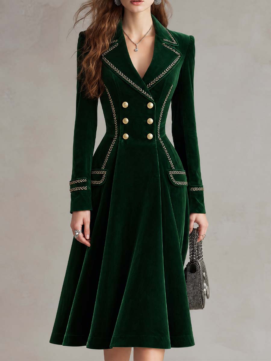 Emerald Velvet Double-Breasted Coat Dress with Gold Braid Trim
