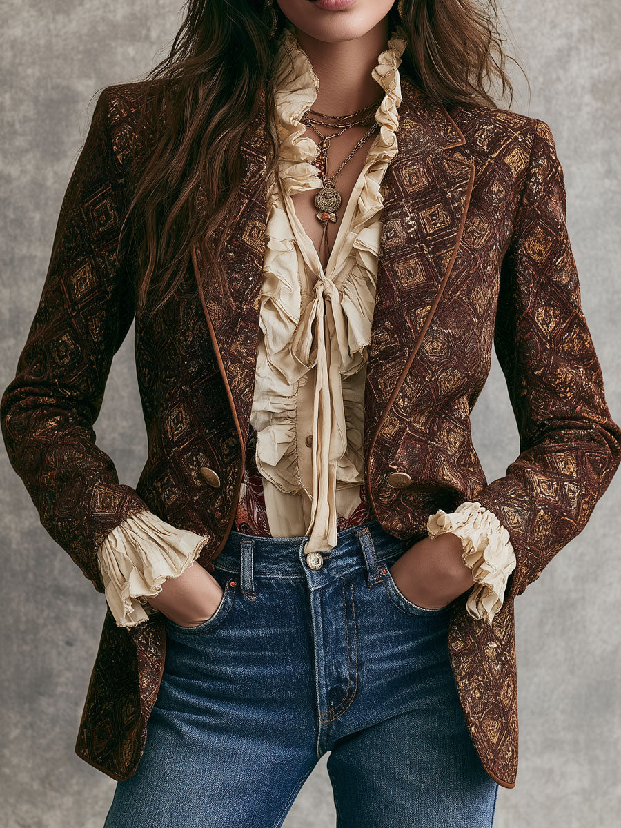 Vintage 70s Dark Brown Geo Print Double-breasted Blazer