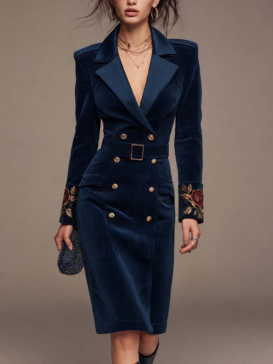 Corduroy Double-Breasted Blazer Dress with Embroidered Cuffs and Belt