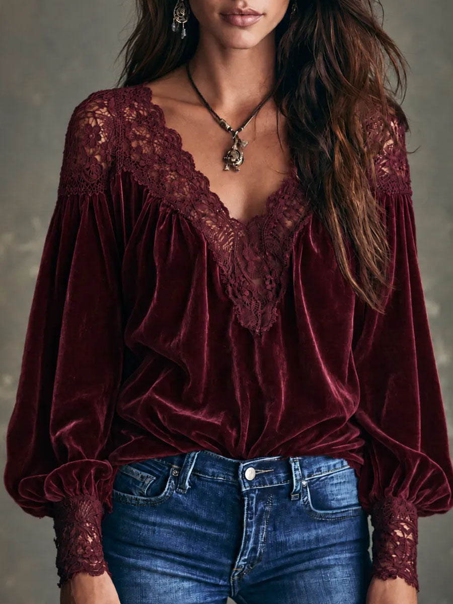 Boho Deep V Lace Trim Burgundy Velvet Blouse
