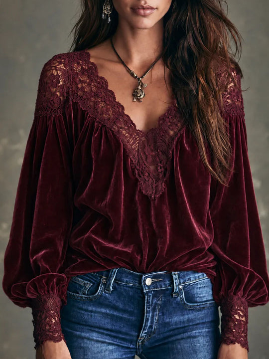Boho Deep V Lace Trim Burgundy Velvet Blouse