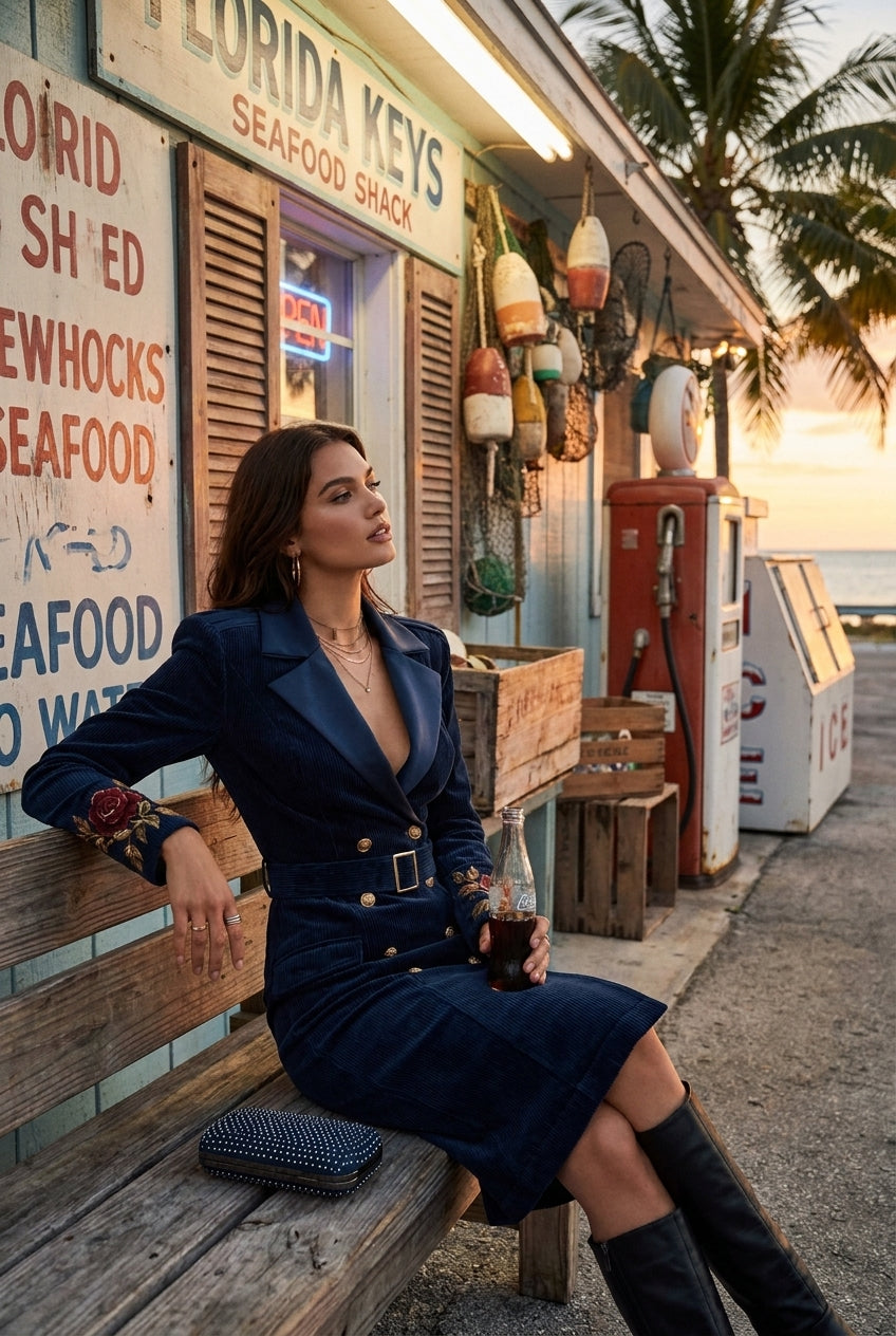 Corduroy Double-Breasted Blazer Dress with Embroidered Cuffs and Belt
