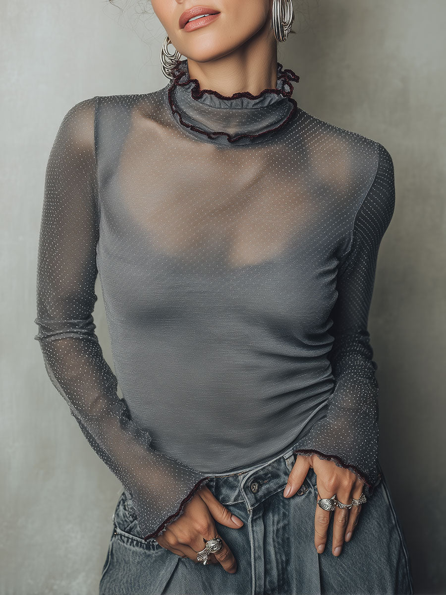 Elegant Polka-Dot Mesh Long-Sleeve T-Shirt With Lettuce-Edge Trim