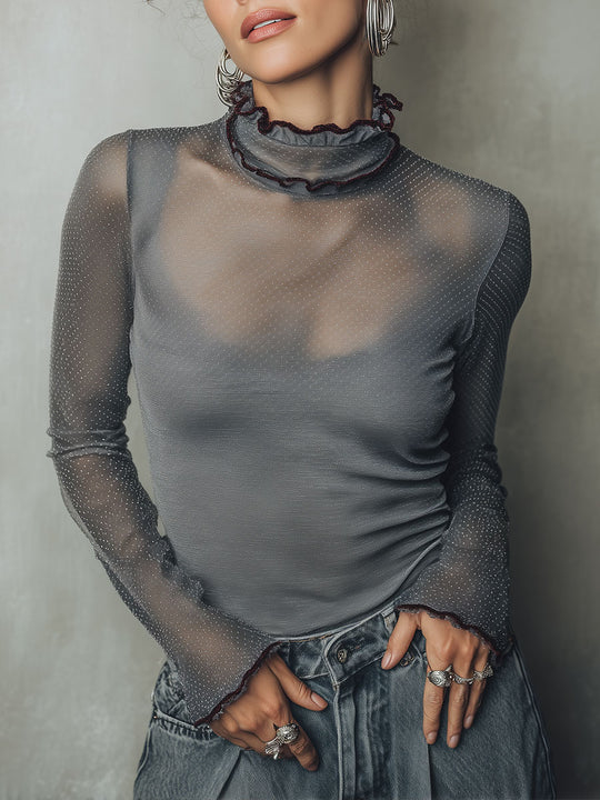 Elegant Polka-Dot Mesh Long-Sleeve T-Shirt With Lettuce-Edge Trim