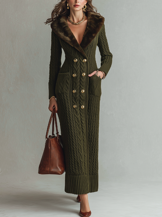 Vintage Olive Green Cable Knit Faux Fur Collar Maxi Dress
