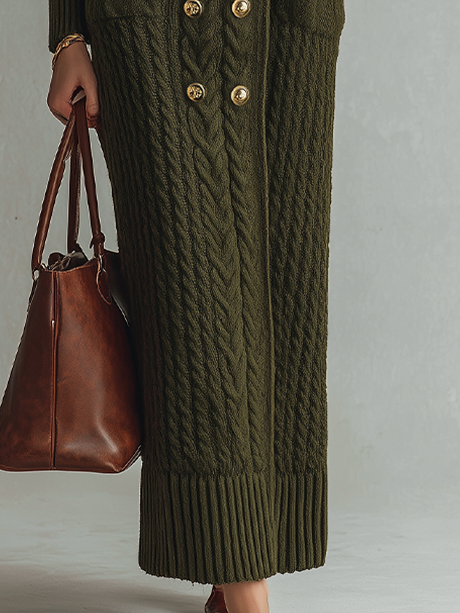 Vintage Olive Green Cable Knit Faux Fur Collar Maxi Dress