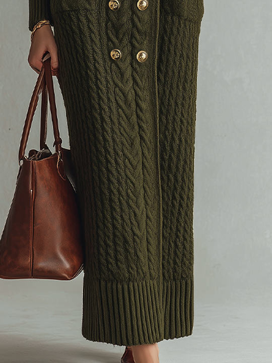 Vintage Olive Green Cable Knit Faux Fur Collar Maxi Dress