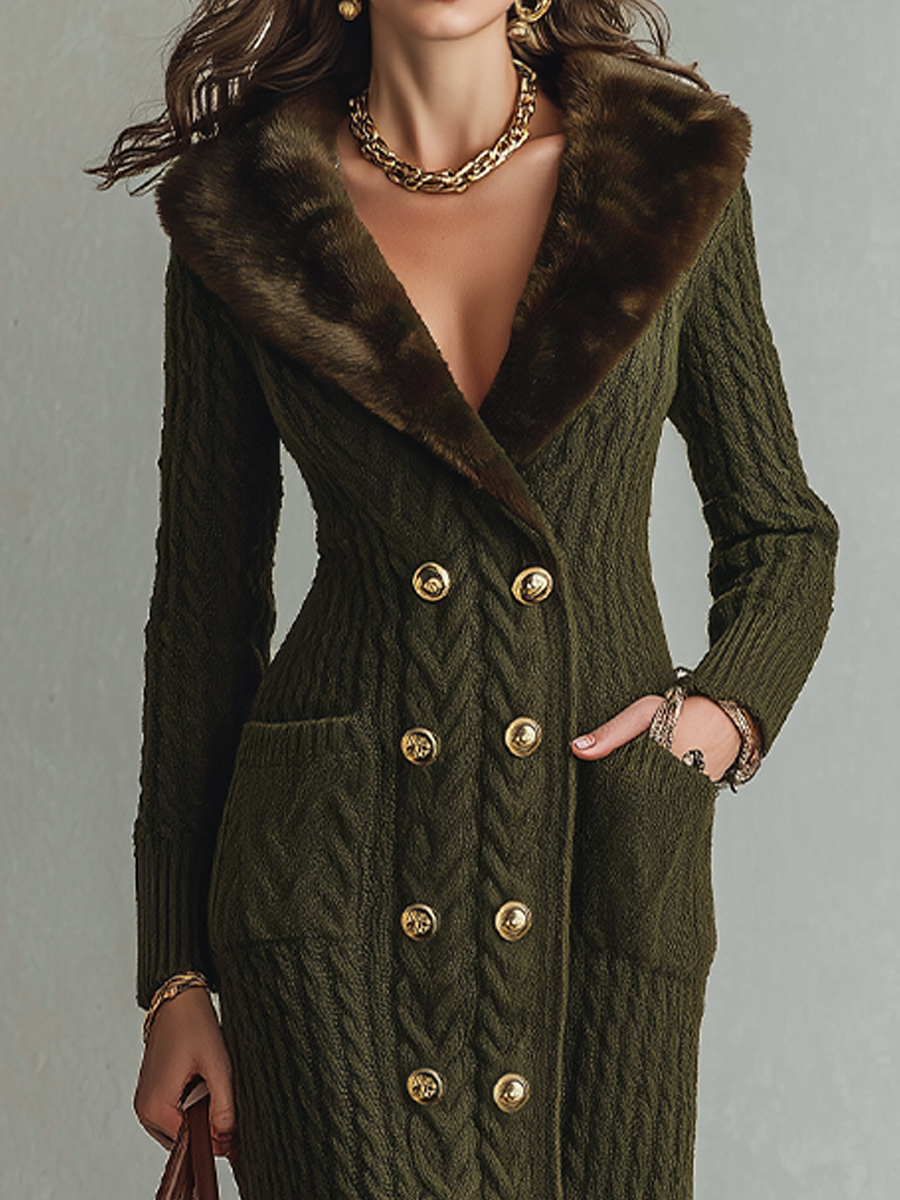 Vintage Olive Green Cable Knit Faux Fur Collar Maxi Dress