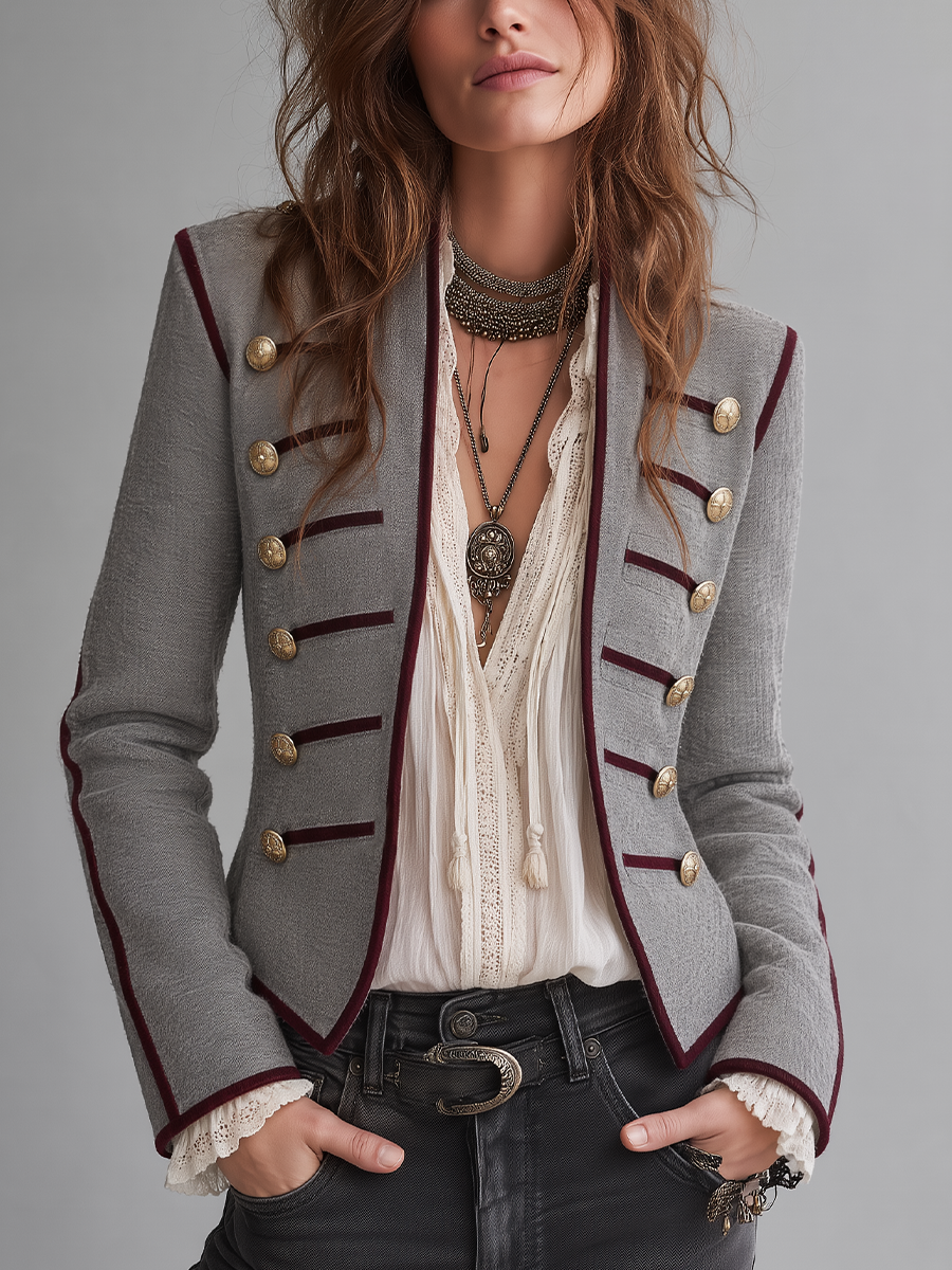 Vintage Gray Contrast-Trim Military Jacket