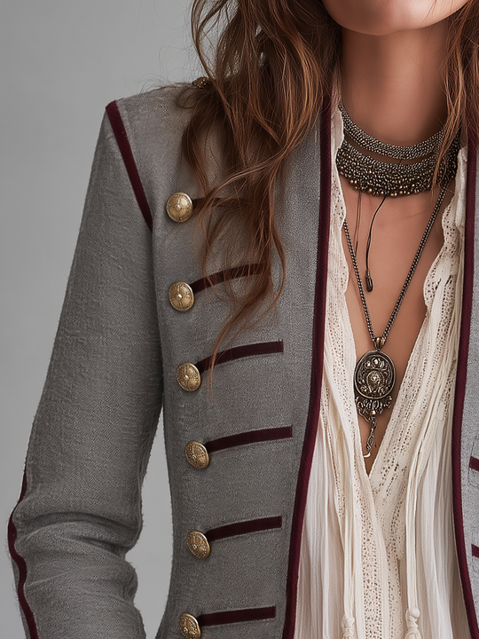 Vintage Gray Contrast-Trim Military Jacket