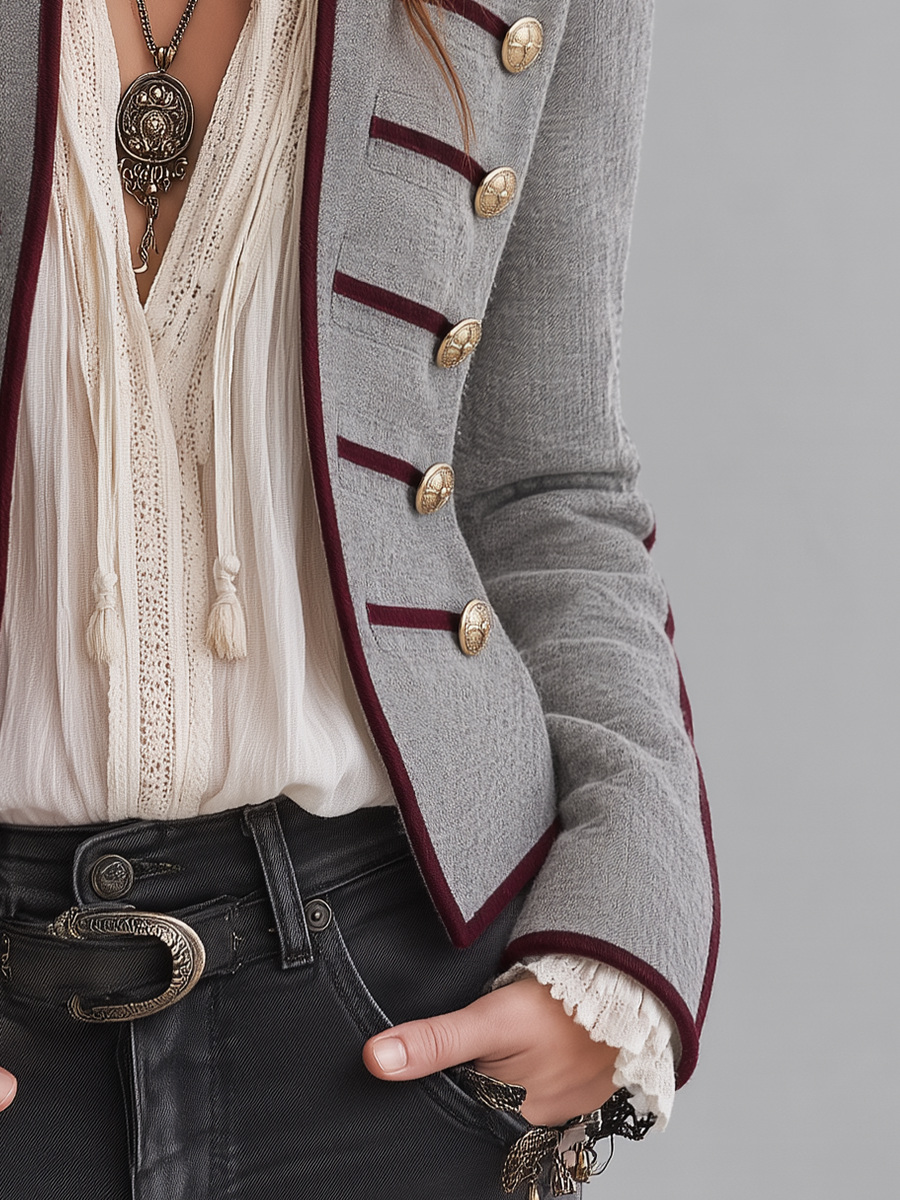 Vintage Gray Contrast-Trim Military Jacket