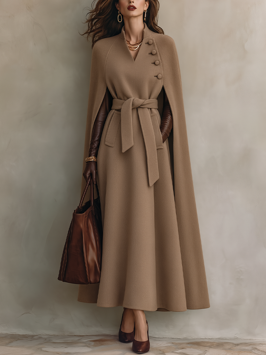 Elegant Camel Belted Cape Maxi Coat