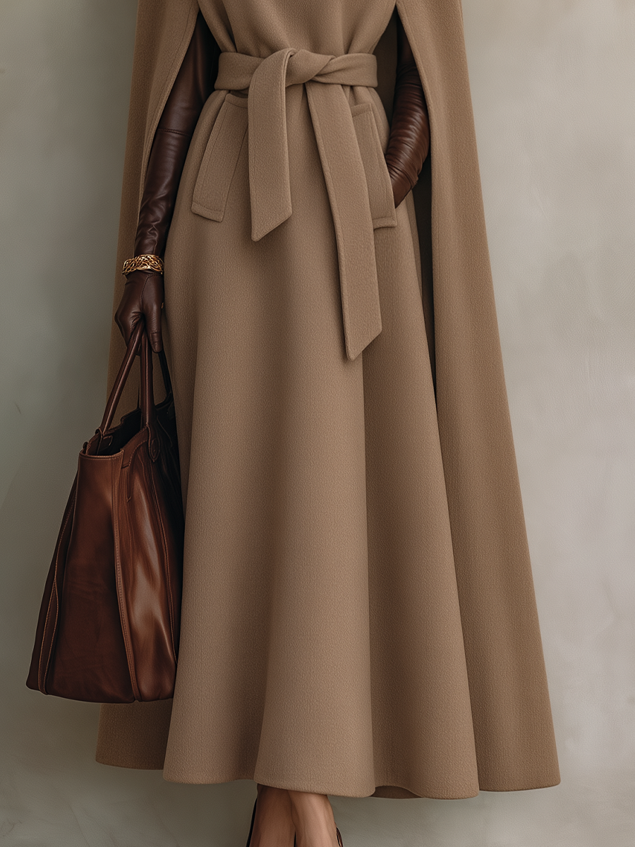 Elegant Camel Belted Cape Maxi Coat