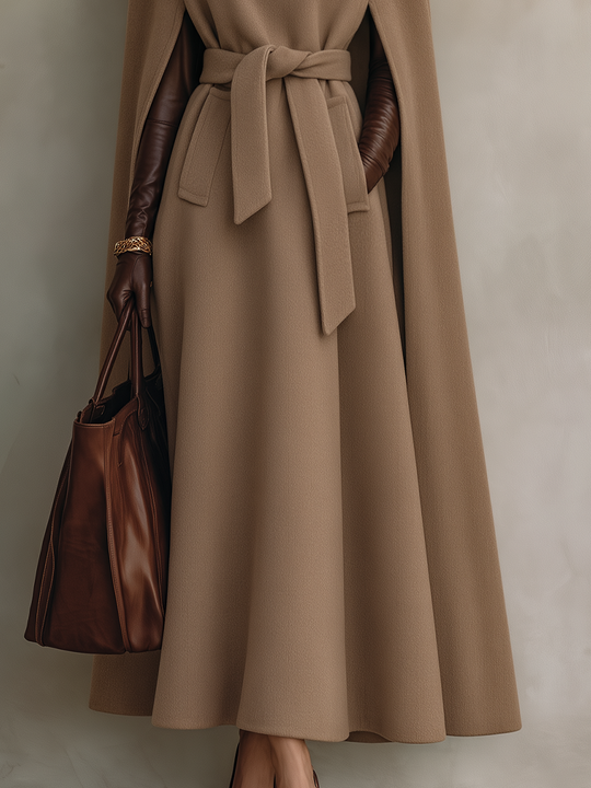Elegant Camel Belted Cape Maxi Coat