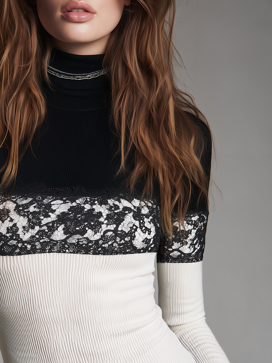 Refined Ivory Contrast Lace Turtleneck Knit Top