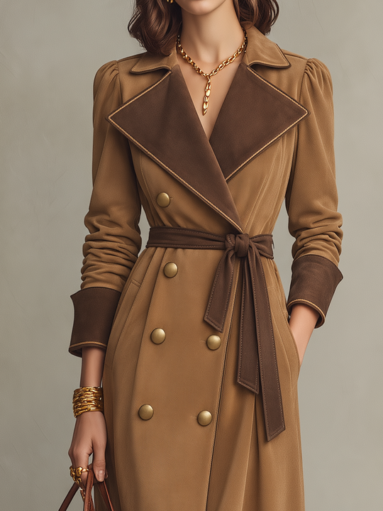 Elegant Camel Contrast Lapel Belted Trench Coat