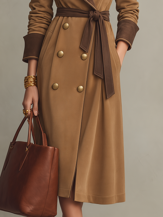 Elegant Camel Contrast Lapel Belted Trench Coat