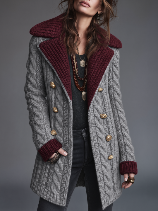 Vintage Gray Contrast Collar Cable Knit Coat