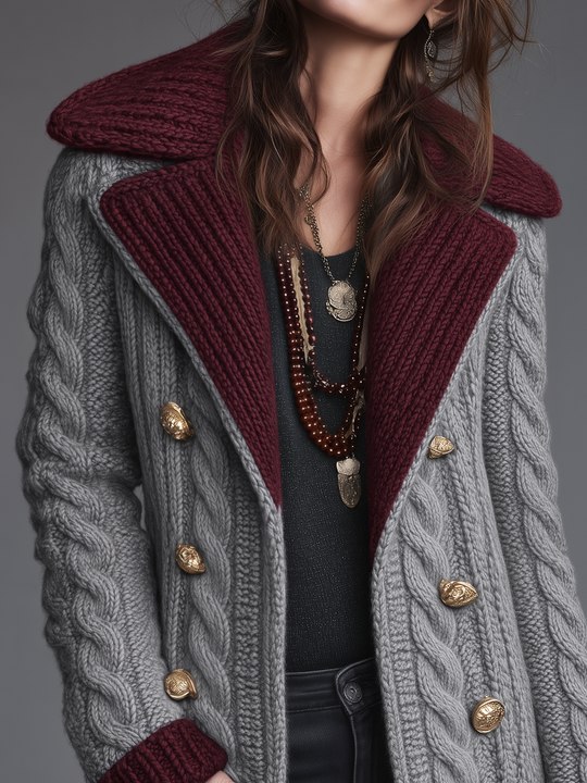Vintage Gray Contrast Collar Cable Knit Coat
