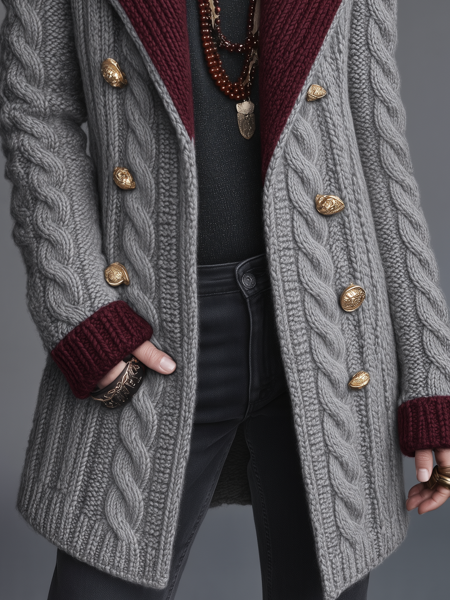 Vintage Gray Contrast Collar Cable Knit Coat