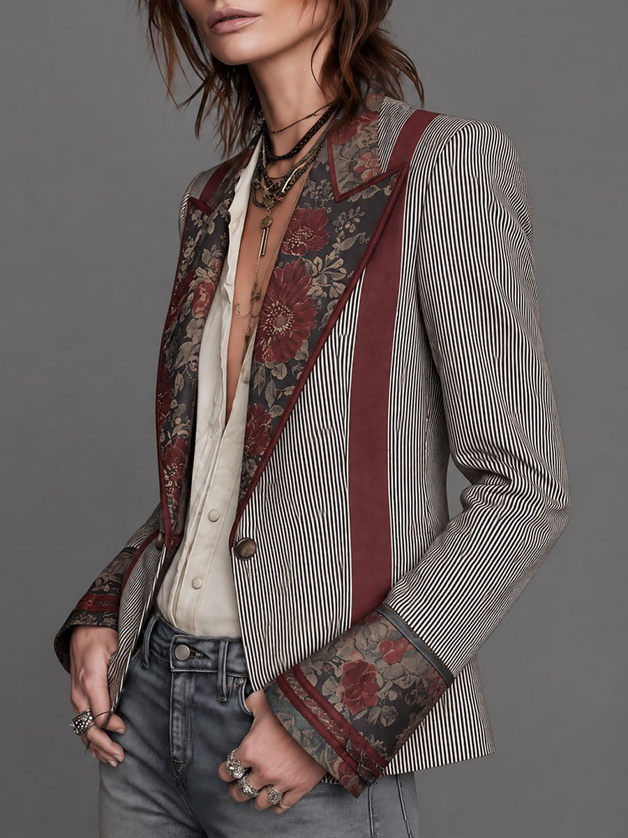 Quiet Luxury Striped Floral-Print Contrast Blazer with Piping Trim