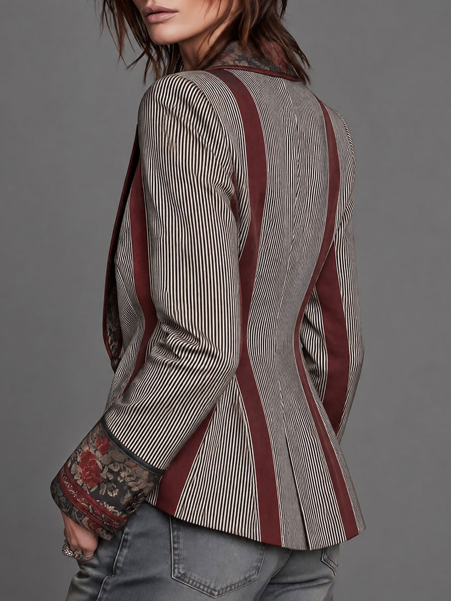 Quiet Luxury Striped Floral-Print Contrast Blazer with Piping Trim