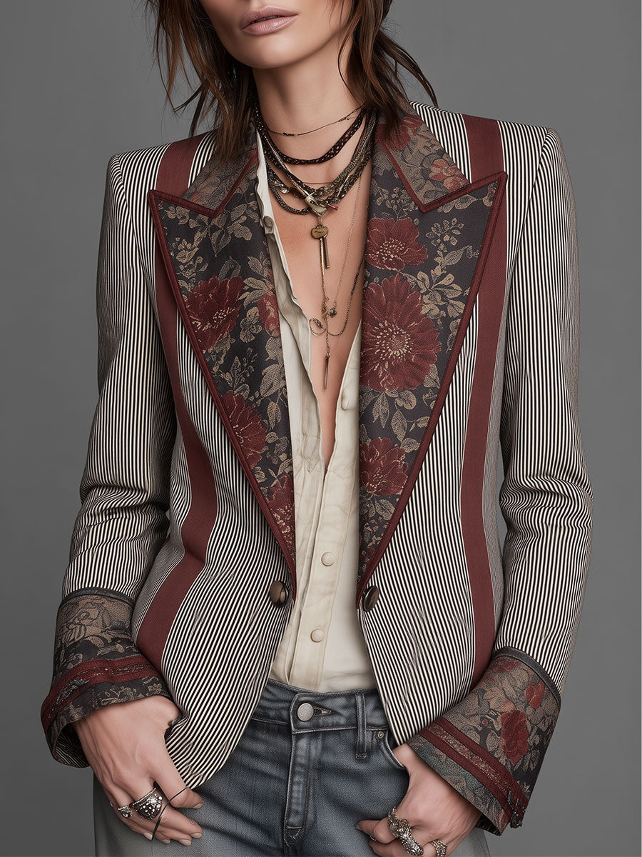 Quiet Luxury Striped Floral-Print Contrast Blazer with Piping Trim