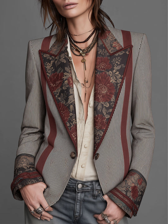 Quiet Luxury Striped Floral-Print Contrast Blazer with Piping Trim