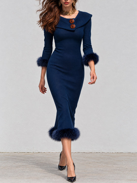 Vintage Bohemian Midnight Fur-Trim Midi Dress