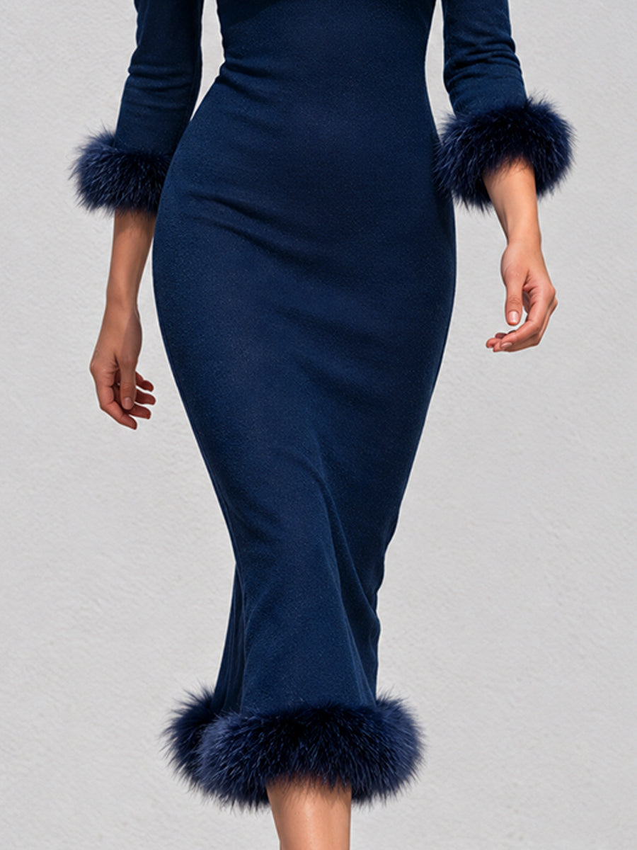 Vintage Bohemian Midnight Fur-Trim Midi Dress