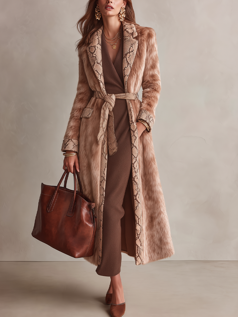 Elegant Camel Snakeskin-Trim Belted Faux Fur Coat