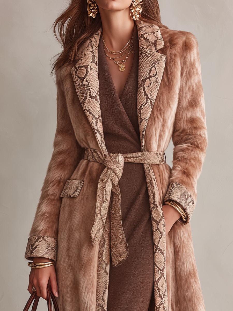 Elegant Camel Snakeskin-Trim Belted Faux Fur Coat