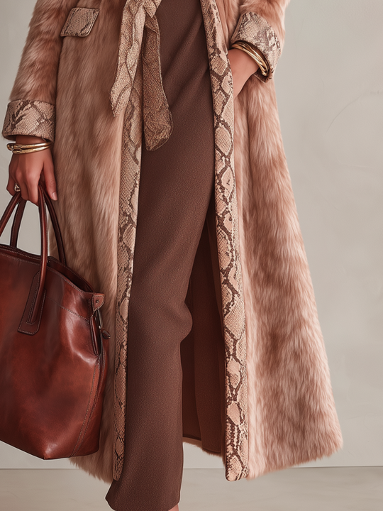 Elegant Camel Snakeskin-Trim Belted Faux Fur Coat